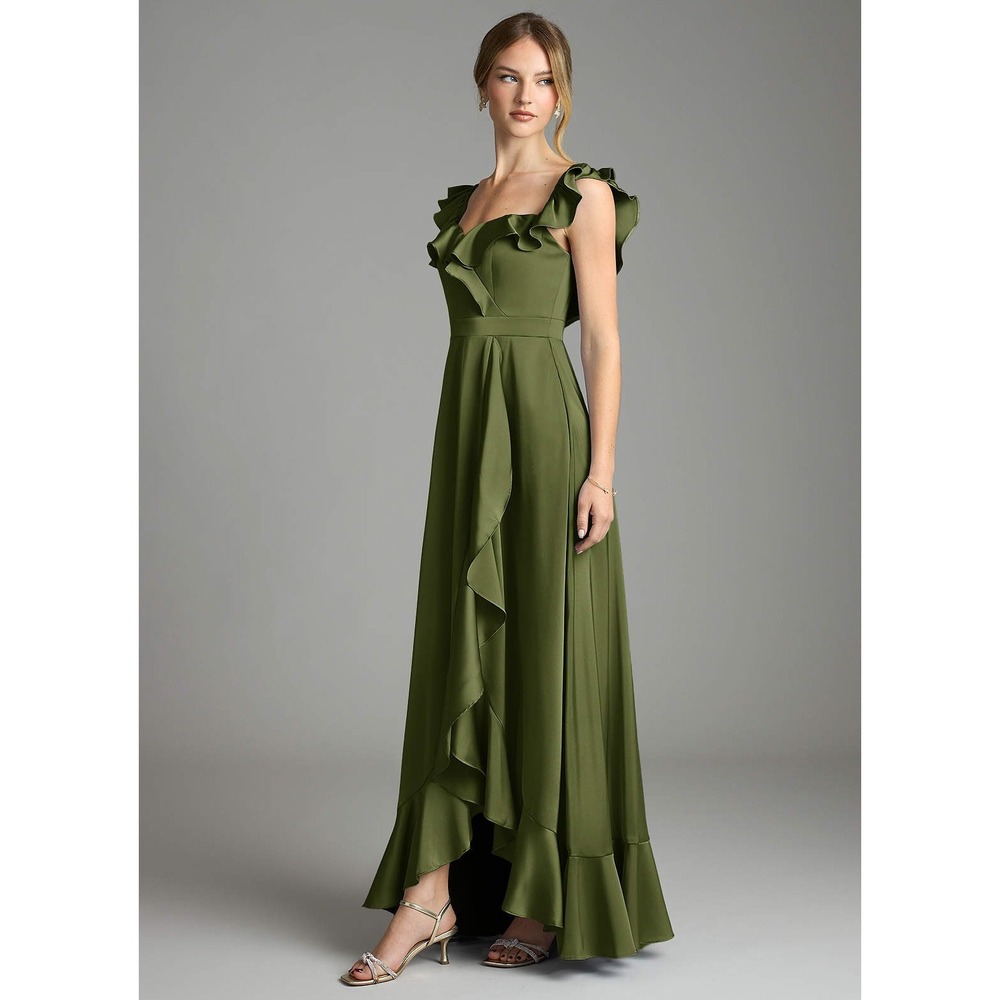 Azazie Olive Green Stretch Satin Ruffle High-Low Bridesmaid Dress NWT